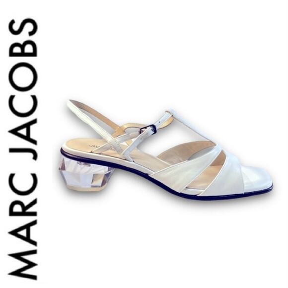 MARC JACOBS The Gem Sandal White leather T Strap Faux Diamond Heels SZ 8 NWT - Picture 1 of 14
